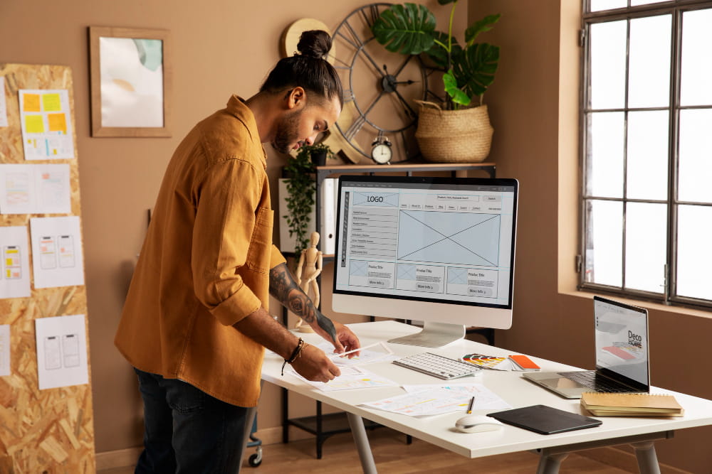 Creative design workspace showing WordPress theme customization and design tools